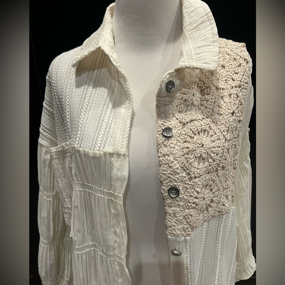 Lace Crochet Patch Button Down Long Shirt In Cream - image 2